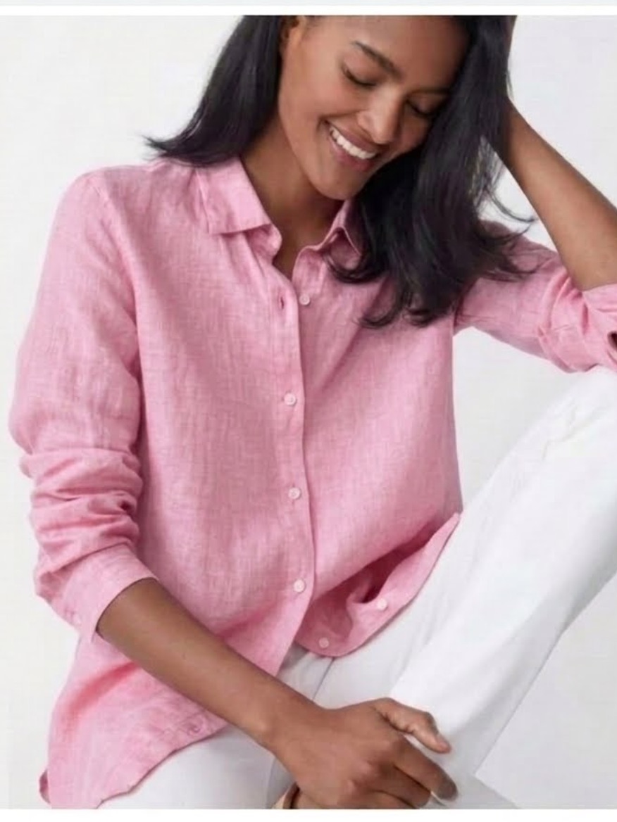 J. Mclaughlin Pink Peony 100% Linen Britt Button Down Top Shirt Lagenlook-Small